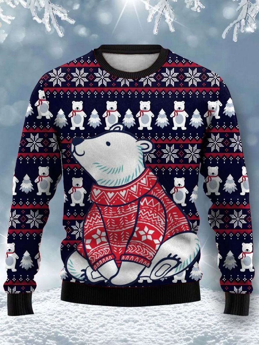 Men LJC Ugly Sweater | Polar Bear Print Crew Neck Sweatshirt Black