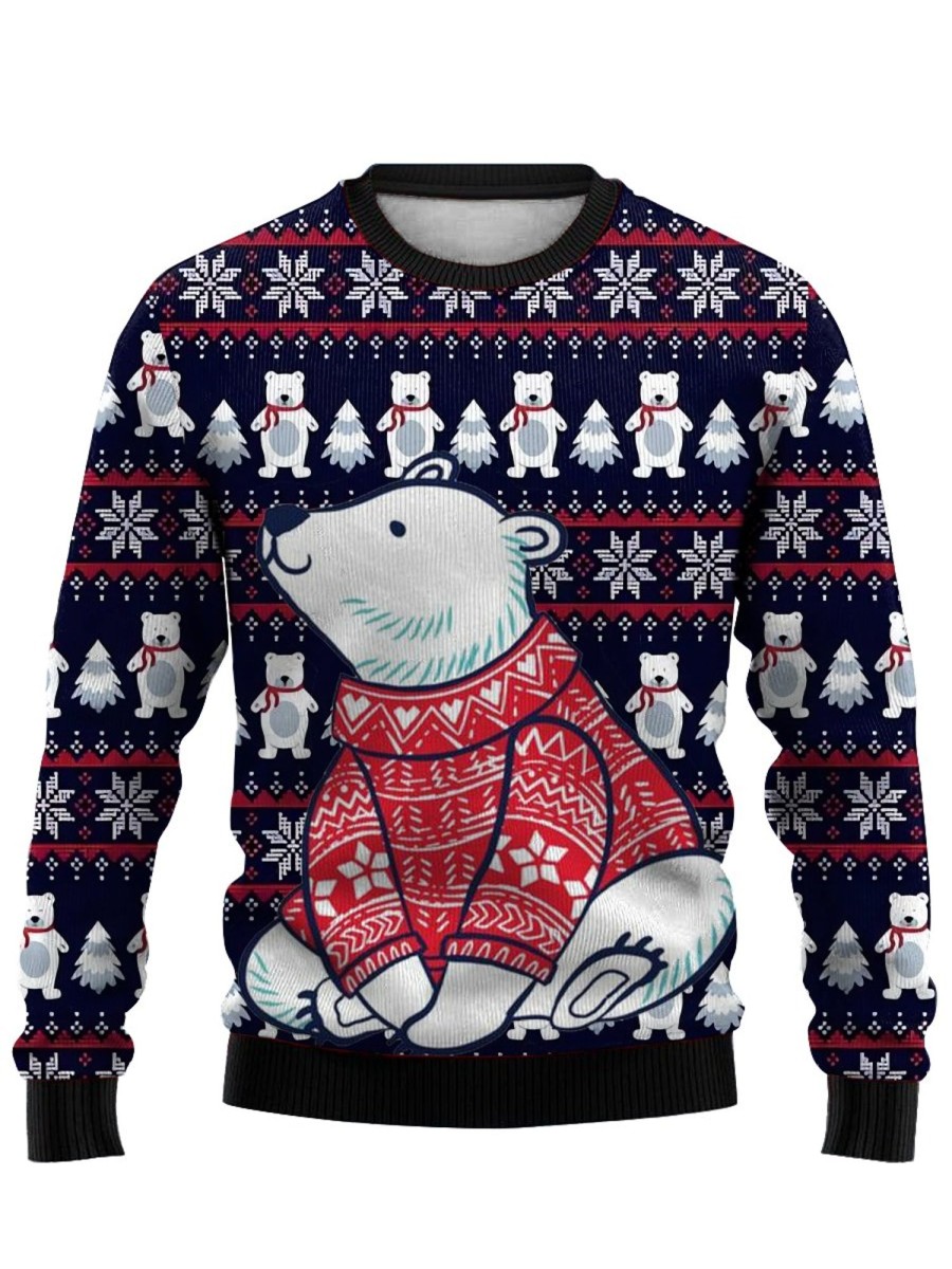 Men LJC Ugly Sweater | Polar Bear Print Crew Neck Sweatshirt Black