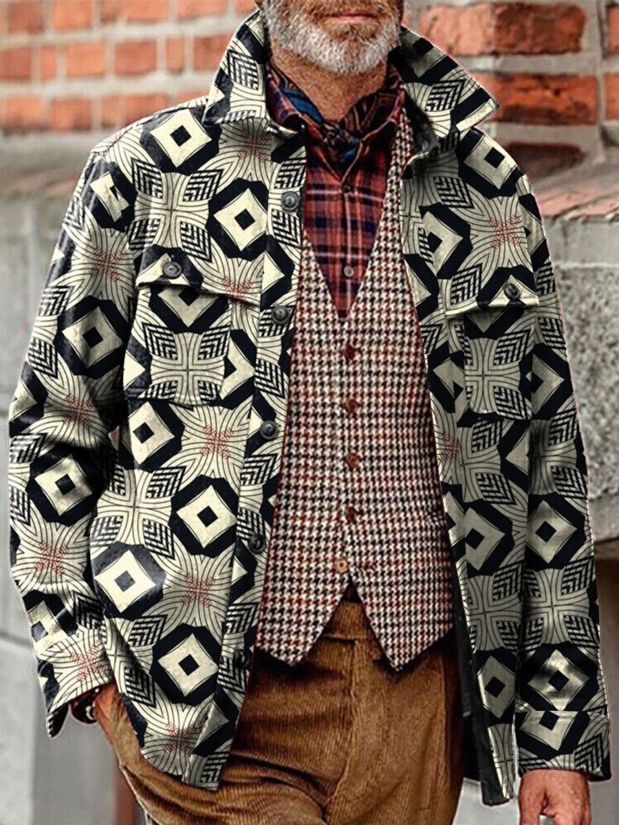 Men DJ Print Jacket | Vintage Multicolor Geometric Print Double Pocket Corduroy Casual Jacket Photo Color