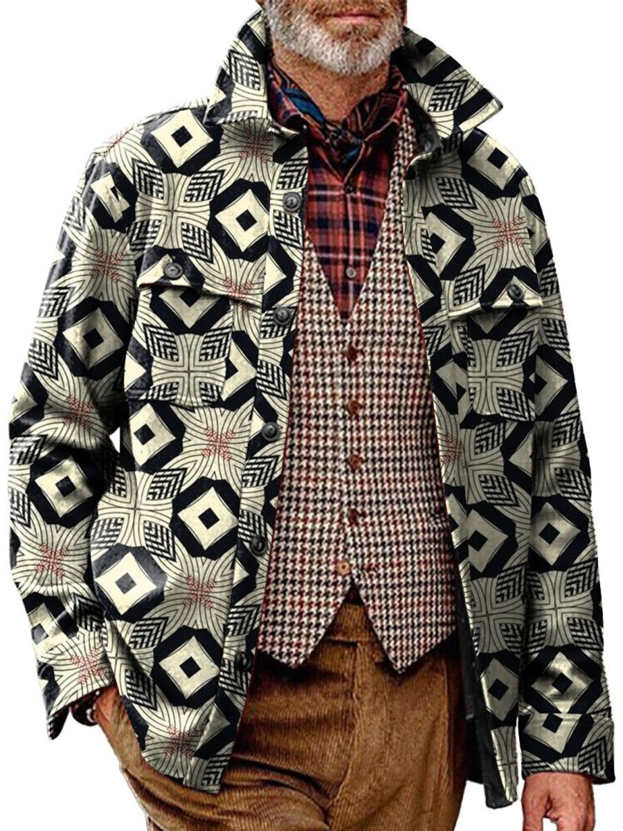 Men DJ Print Jacket | Vintage Multicolor Geometric Print Double Pocket Corduroy Casual Jacket Photo Color