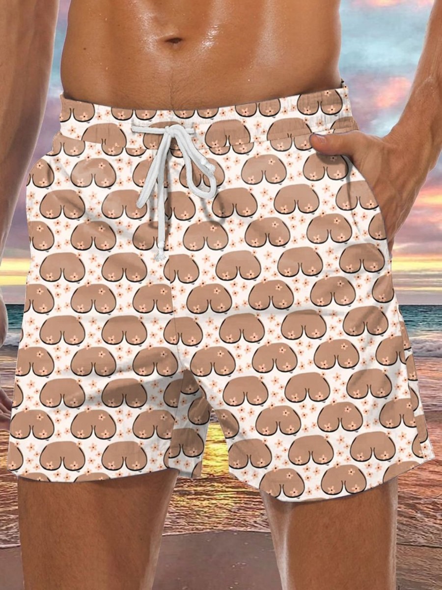 Men DJ Shorts | Vintage Boobs Print Pocket Track Shorts Khaki