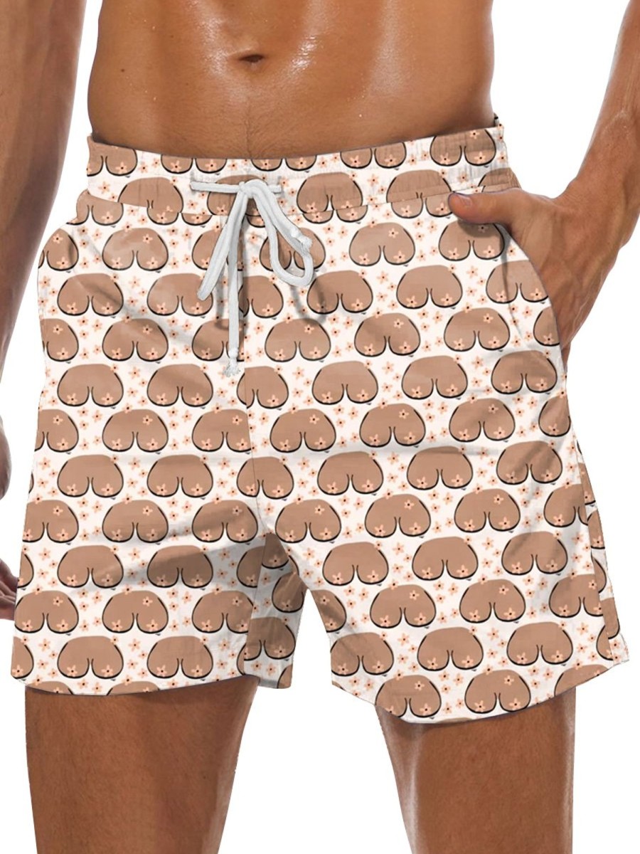 Men DJ Shorts | Vintage Boobs Print Pocket Track Shorts Khaki