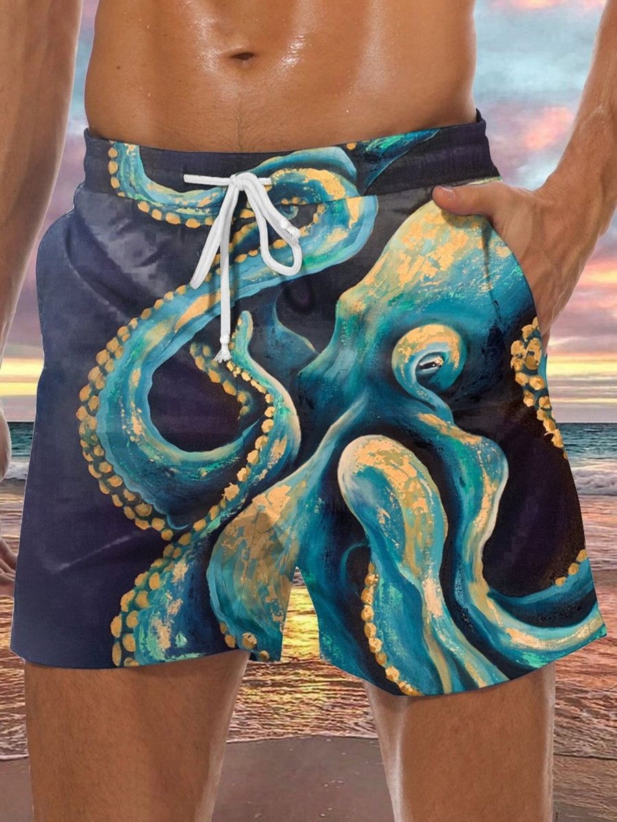 Men HLJ Shorts | Foil-Stamped Octopus-Print Drawstring Board Shorts Dark Blue