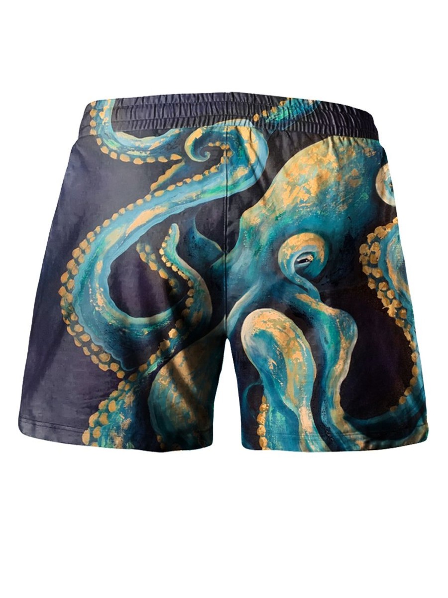 Men HLJ Shorts | Foil-Stamped Octopus-Print Drawstring Board Shorts Dark Blue