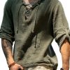 Men DJ Casual Long Sleeve Shirts | Solid Color V-Neck Tie Casual Loose Long-Sleeved Shirt Army Green