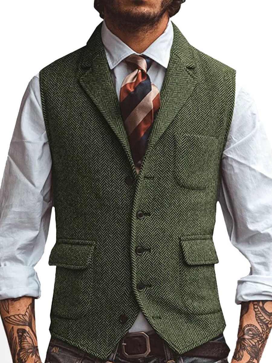 Men DJ Vest | 3-Pocket Lapel Herringbone Casual Vest