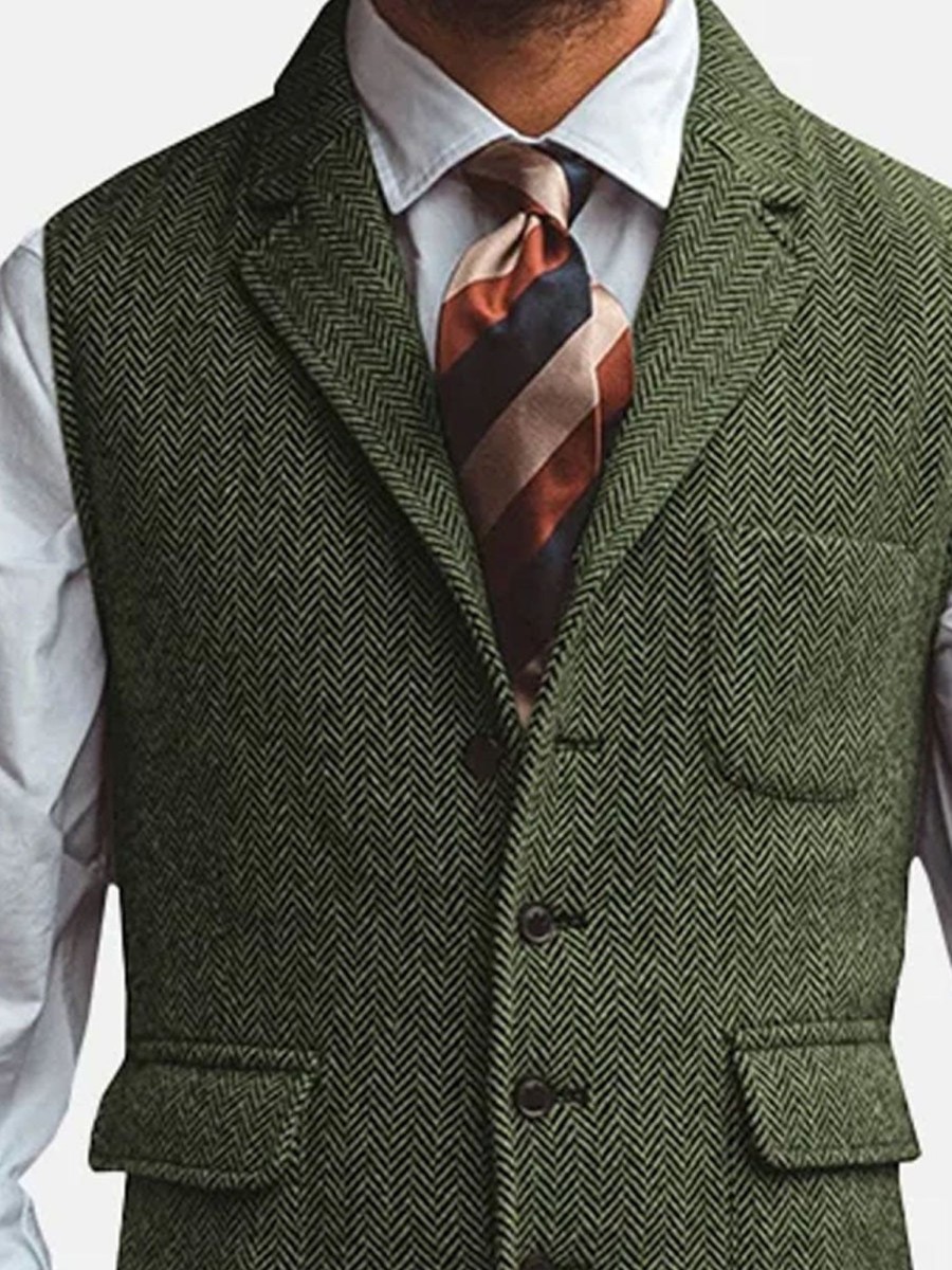 Men DJ Vest | 3-Pocket Lapel Herringbone Casual Vest