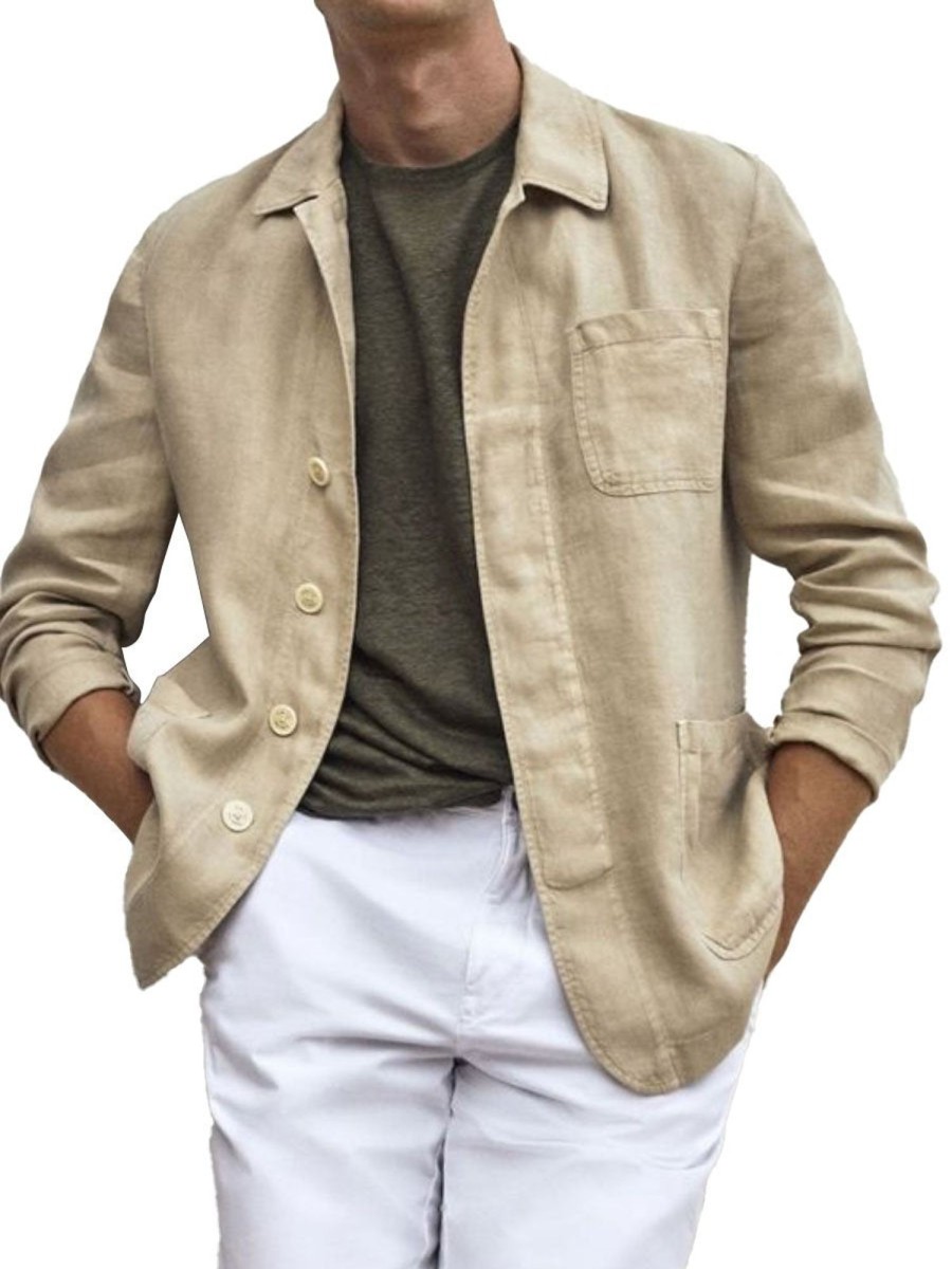 Men DJ Jacket | Lapel Solid Color 3 Pocket Casual Jacket Khaki