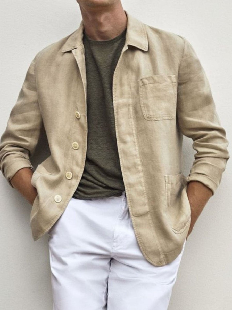 Men DJ Jacket | Lapel Solid Color 3 Pocket Casual Jacket Khaki