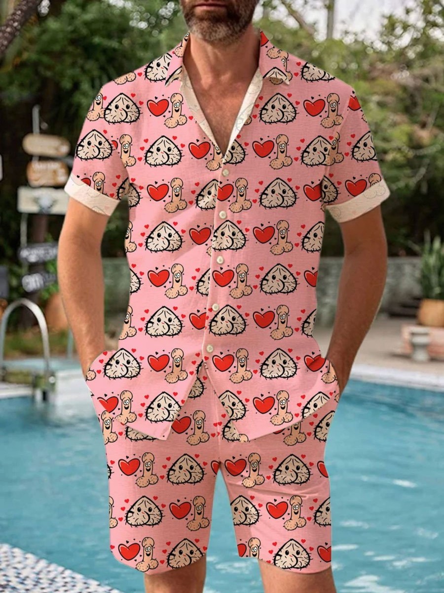 Men BXL Set | Fun Valentine'S Day Hidden Duck Print Casual Short Sleeve Shirt Set Pink