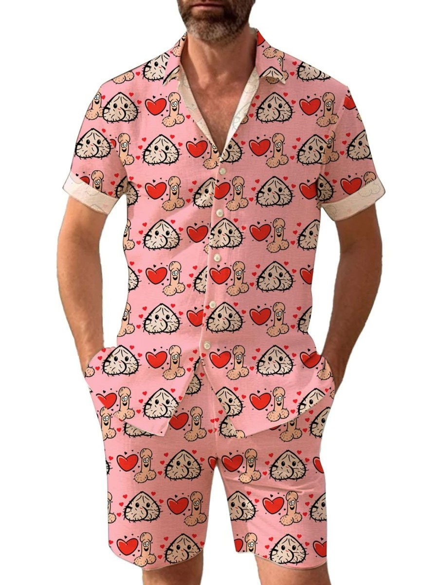 Men BXL Set | Fun Valentine'S Day Hidden Duck Print Casual Short Sleeve Shirt Set Pink