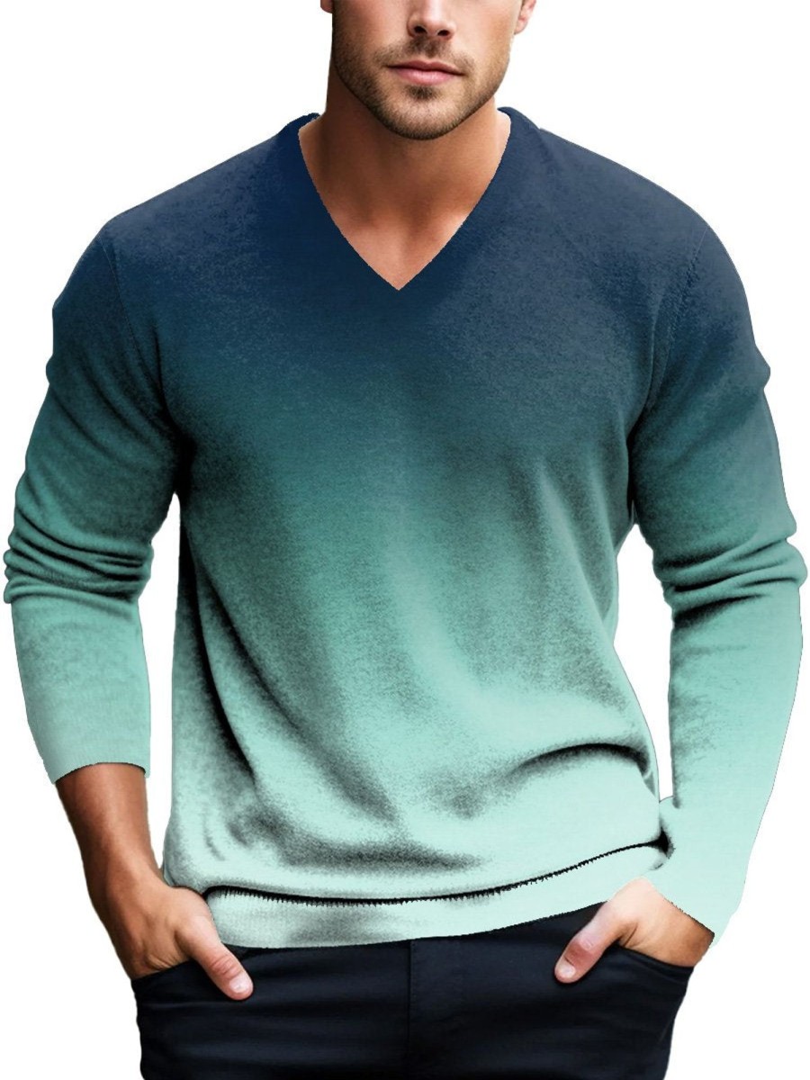 Men DJ Print Sweater | V-Neck Retro Gradient Printed Casual Pullover Knitted Sweater