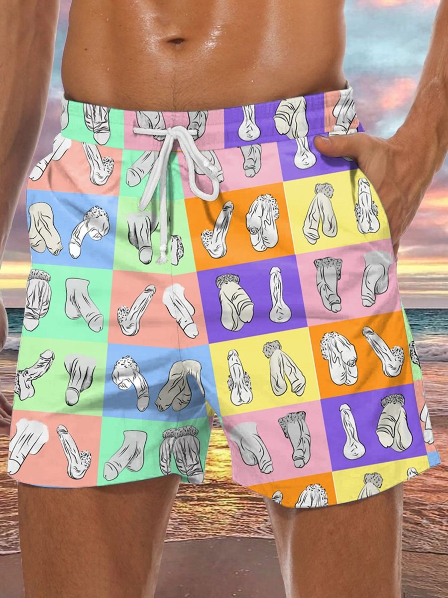 Men DJ Bottoms | Rainbow Colorblock And Cocks Print Pocket Tie Shorts Photo Color