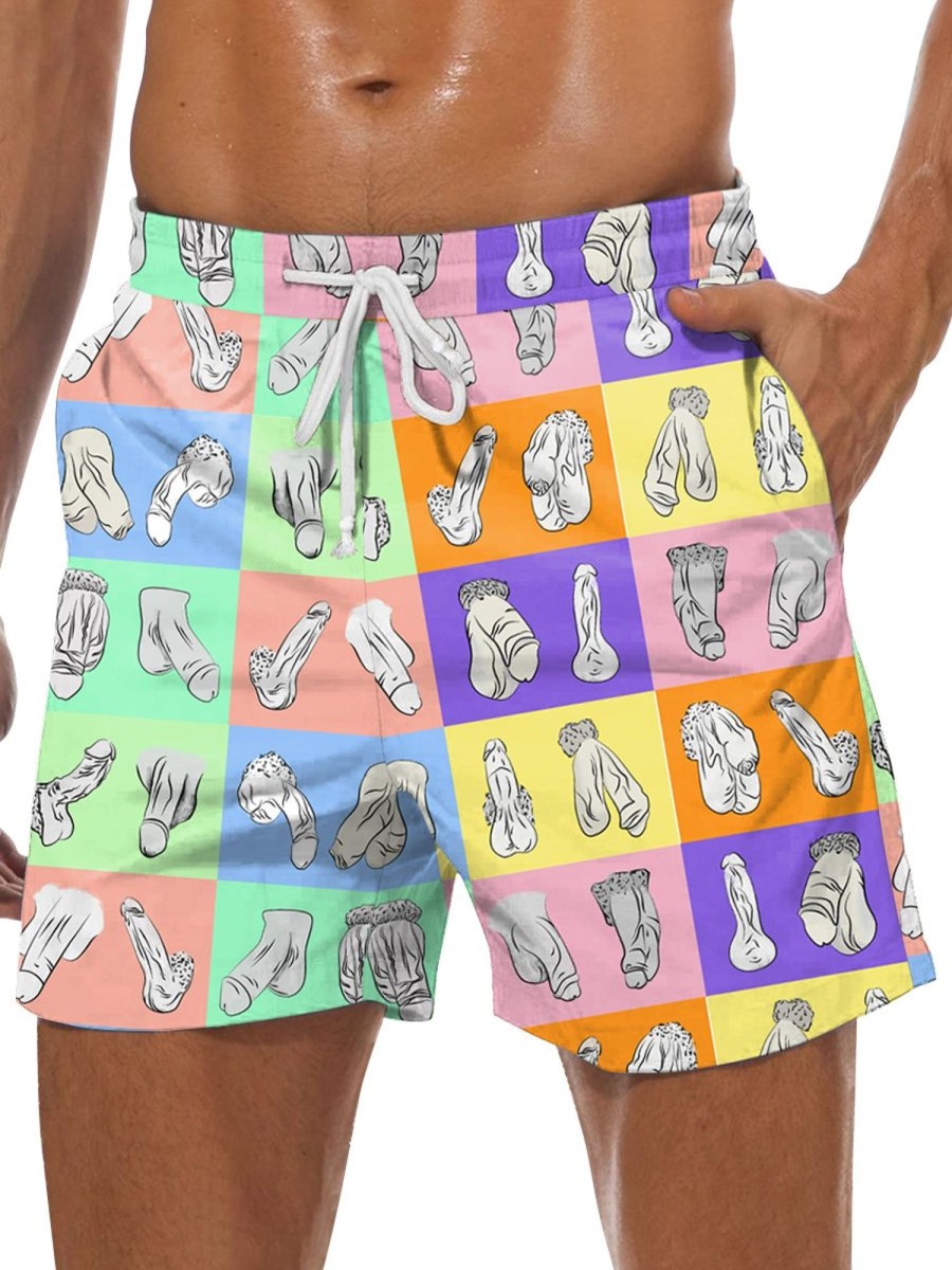 Men DJ Bottoms | Rainbow Colorblock And Cocks Print Pocket Tie Shorts Photo Color