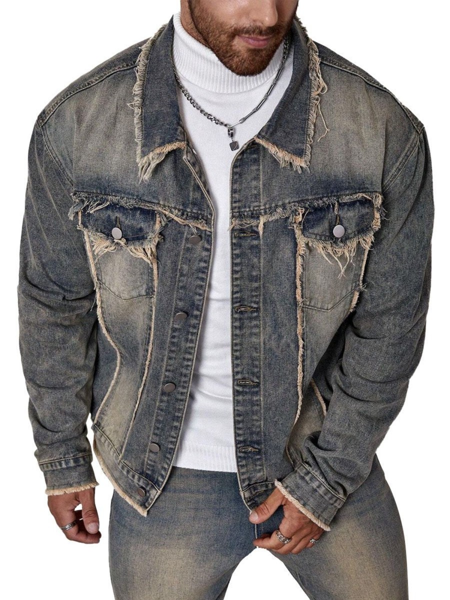 Men DJ Jacket | Lapel Pocket Retro Casual Denim Jacket Gray