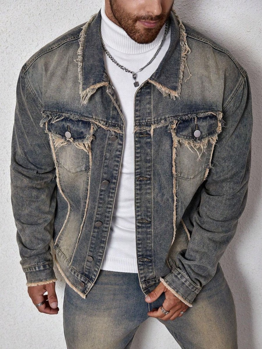 Men DJ Jacket | Lapel Pocket Retro Casual Denim Jacket Gray