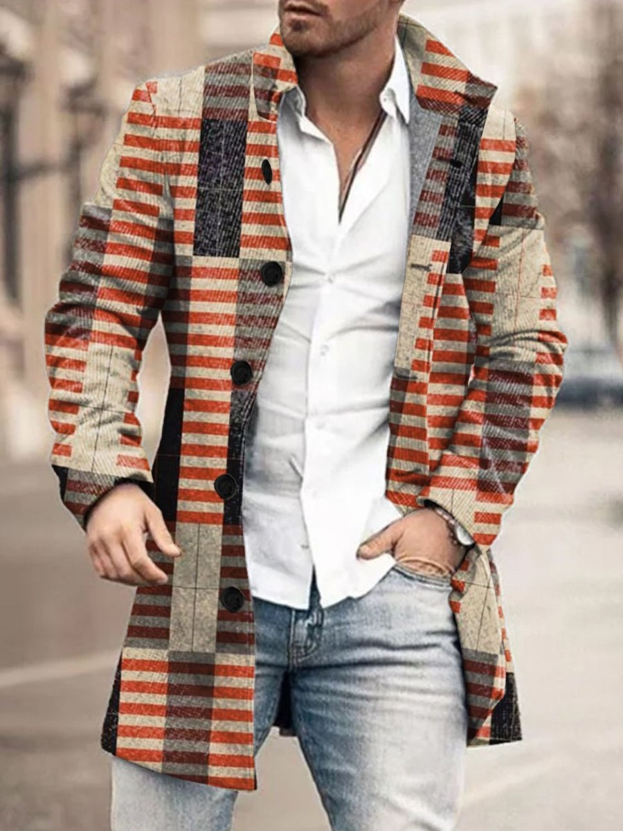 Men DJ Jacket | Retro Geometric Line Print Double Pocket Single Breasted Jacket Photo Color