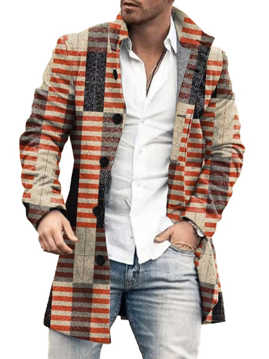 Men DJ Jacket | Retro Geometric Line Print Double Pocket Single Breasted Jacket Photo Color