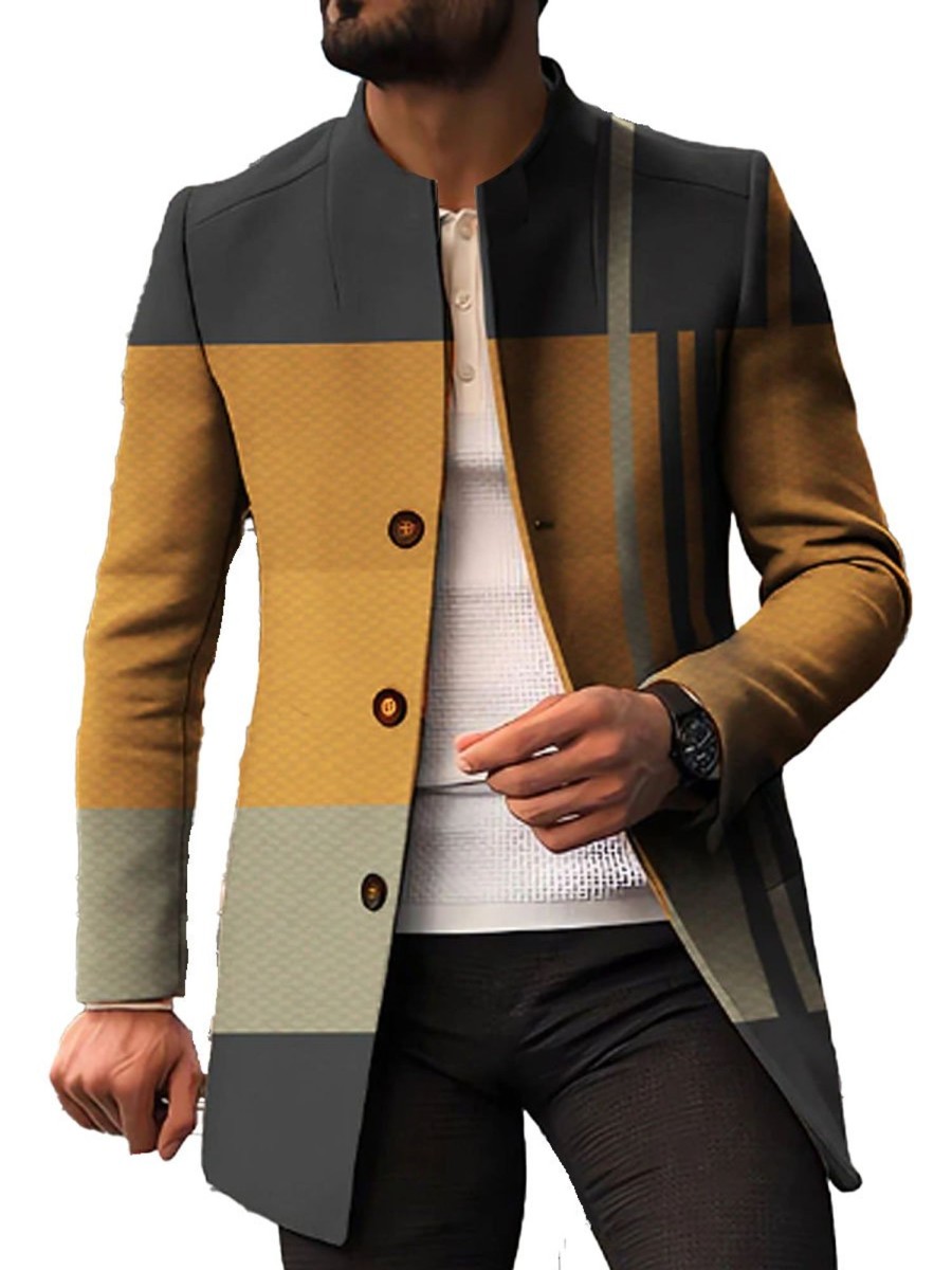 Men DJ Print Jacket | Vintage Color Block Print Pocket Stand Collar Jacket Photo Color