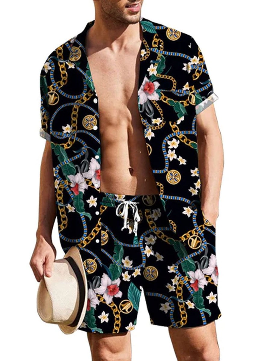 Men DJ Set | Vintage Metal Chain Floral Print Casual Resort Set Black