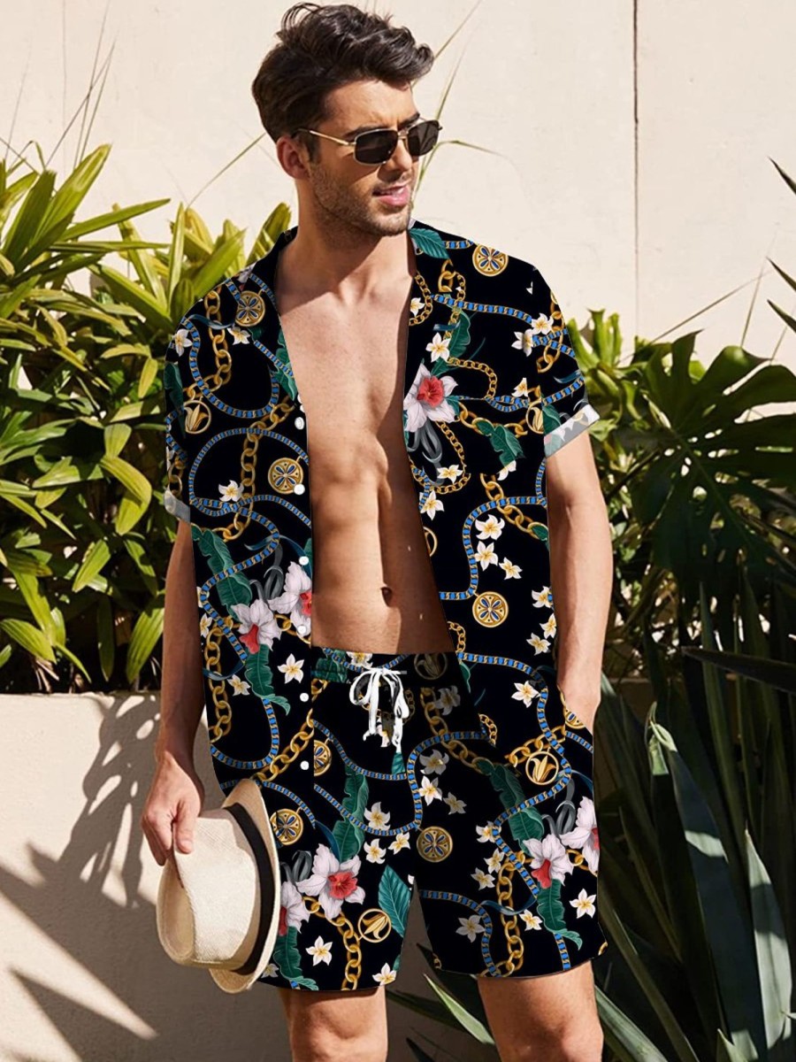 Men DJ Set | Vintage Metal Chain Floral Print Casual Resort Set Black