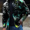 Men DJ Print Jacket | Artistic Graffiti Print Corduroy Pocket Lapel Casual Jacket Photo Color