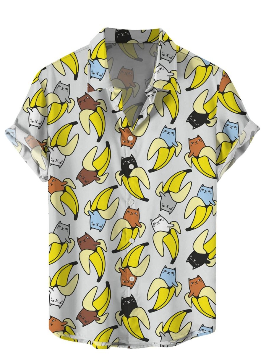 Men HLJ Shirts | Fun Cat Print Casual Short Sleeve Shirt