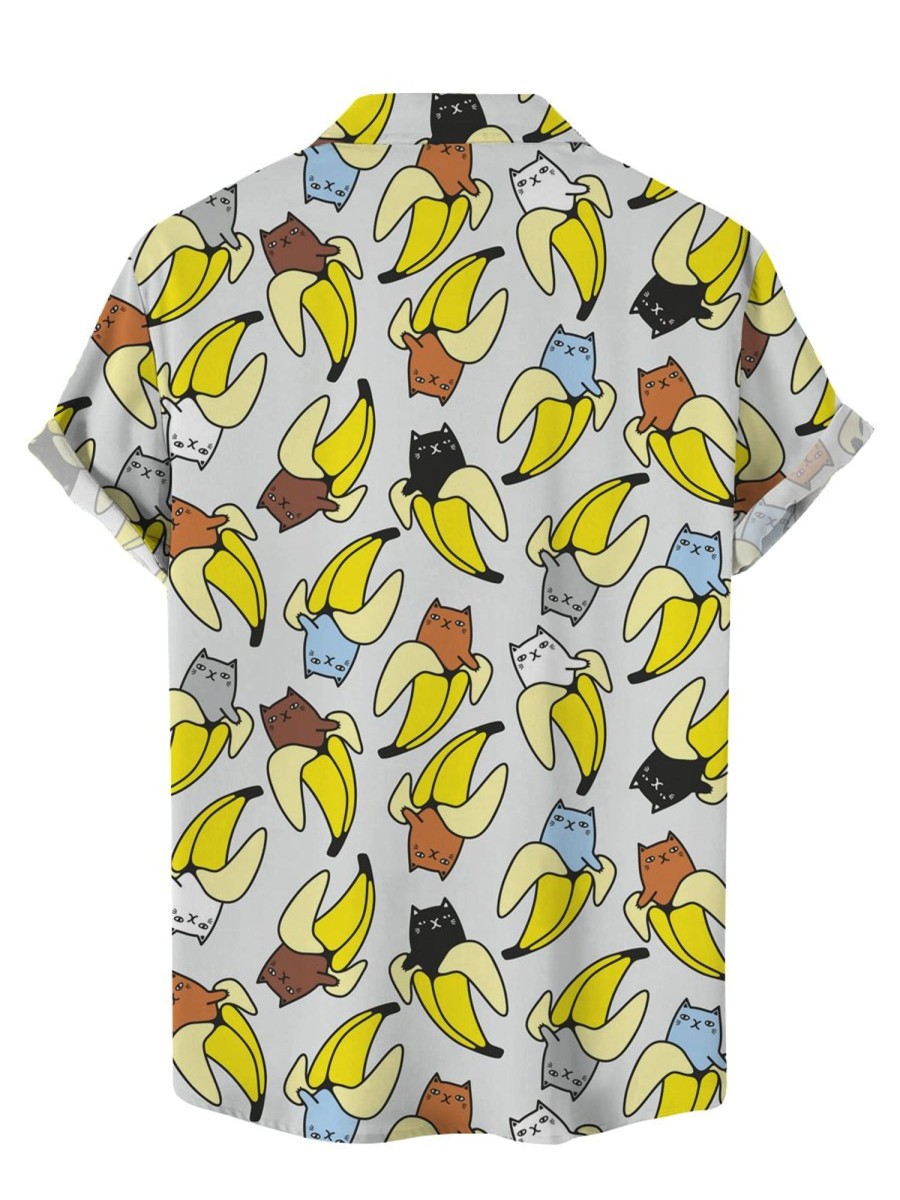 Men HLJ Shirts | Fun Cat Print Casual Short Sleeve Shirt