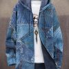 Men DJ Print Jacket | Denim Pocket Printed Two-Pocket Hooded Fleece Cardigan Blue