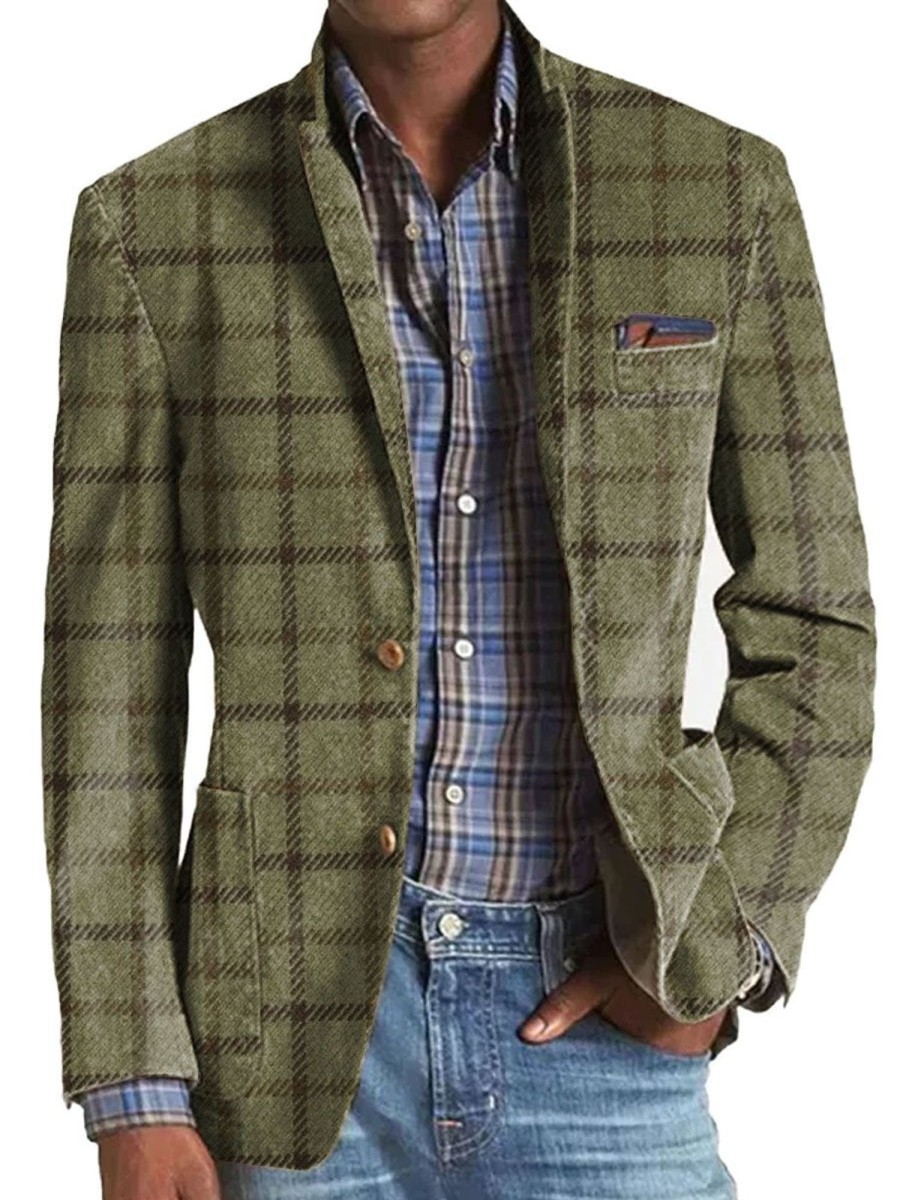 Men DJ Print Jacket | Vintage Plaid Print 3 Pocket Lapel Casual Blazer Army Green