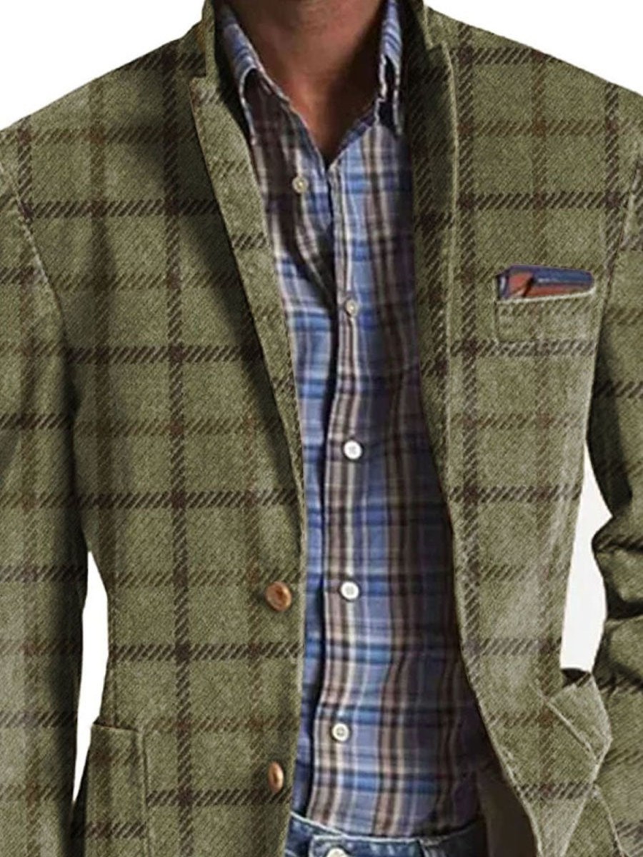 Men DJ Print Jacket | Vintage Plaid Print 3 Pocket Lapel Casual Blazer Army Green