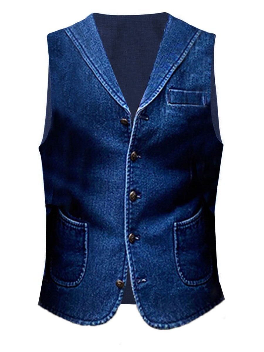 Men BXL Vest | Men'S Pocket Retro Solid Color Denim Suit Vest Blue