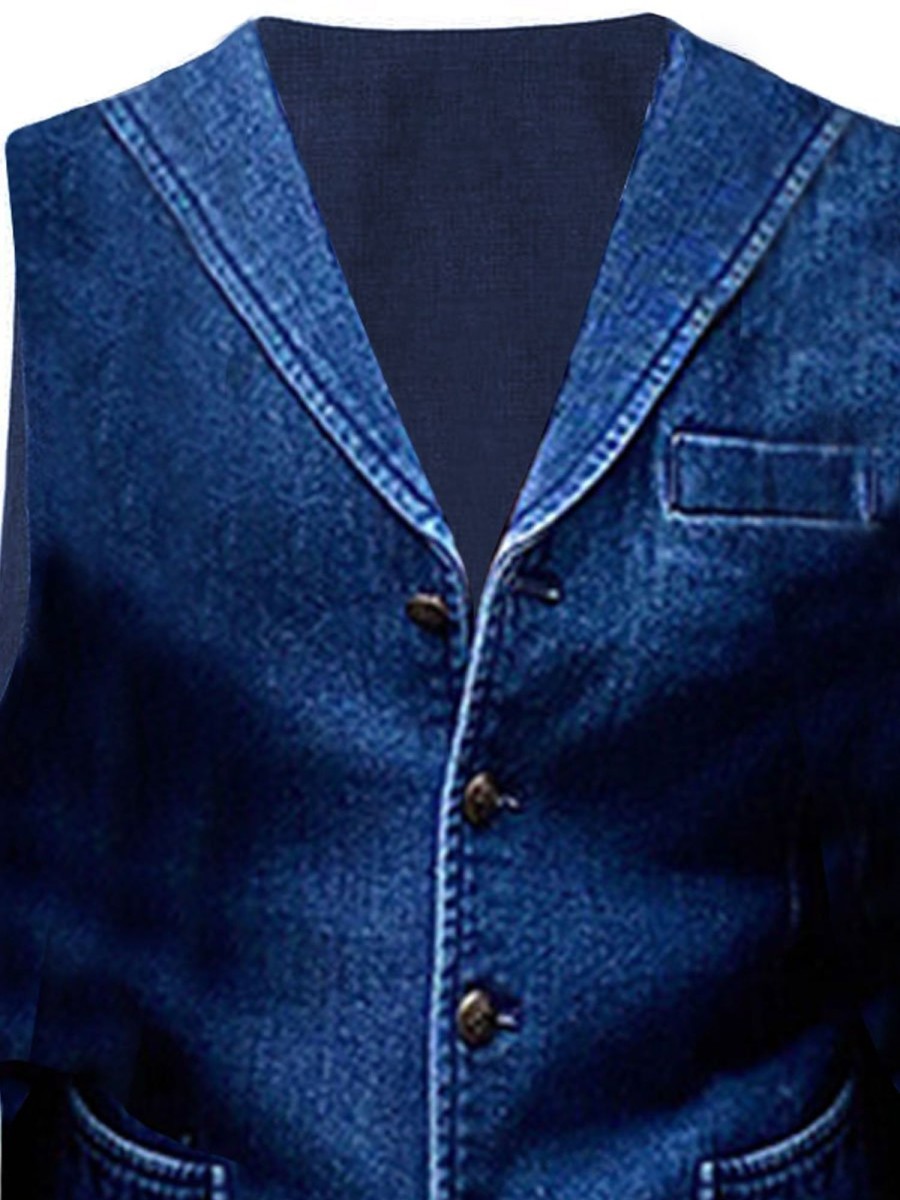 Men BXL Vest | Men'S Pocket Retro Solid Color Denim Suit Vest Blue