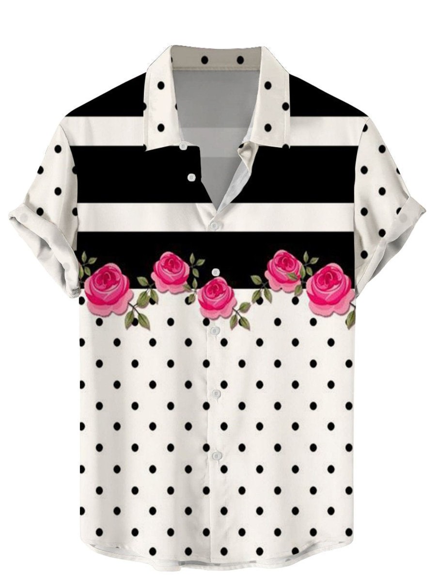 Men DJ Shirts | Rose Geometric Polka Dot Print Casual Short Sleeve Shirt White