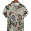 Men DJ Shirts | Vintage Nautical Mermaid Print Short Sleeve Shirt Khaki