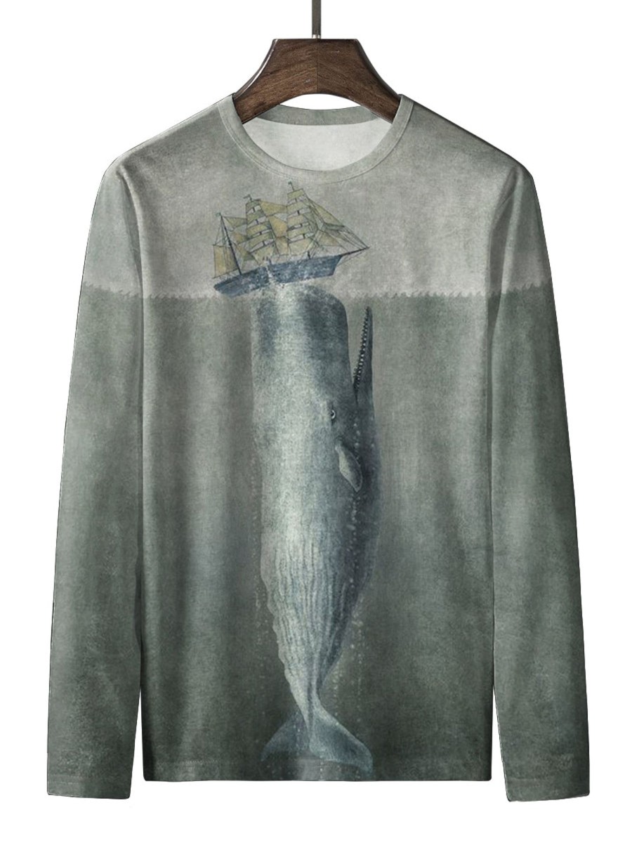 Men HLJ T-Shirts | Men'S Moby Dick Marine Casual Long Sleeve T-Shirt Gray Green