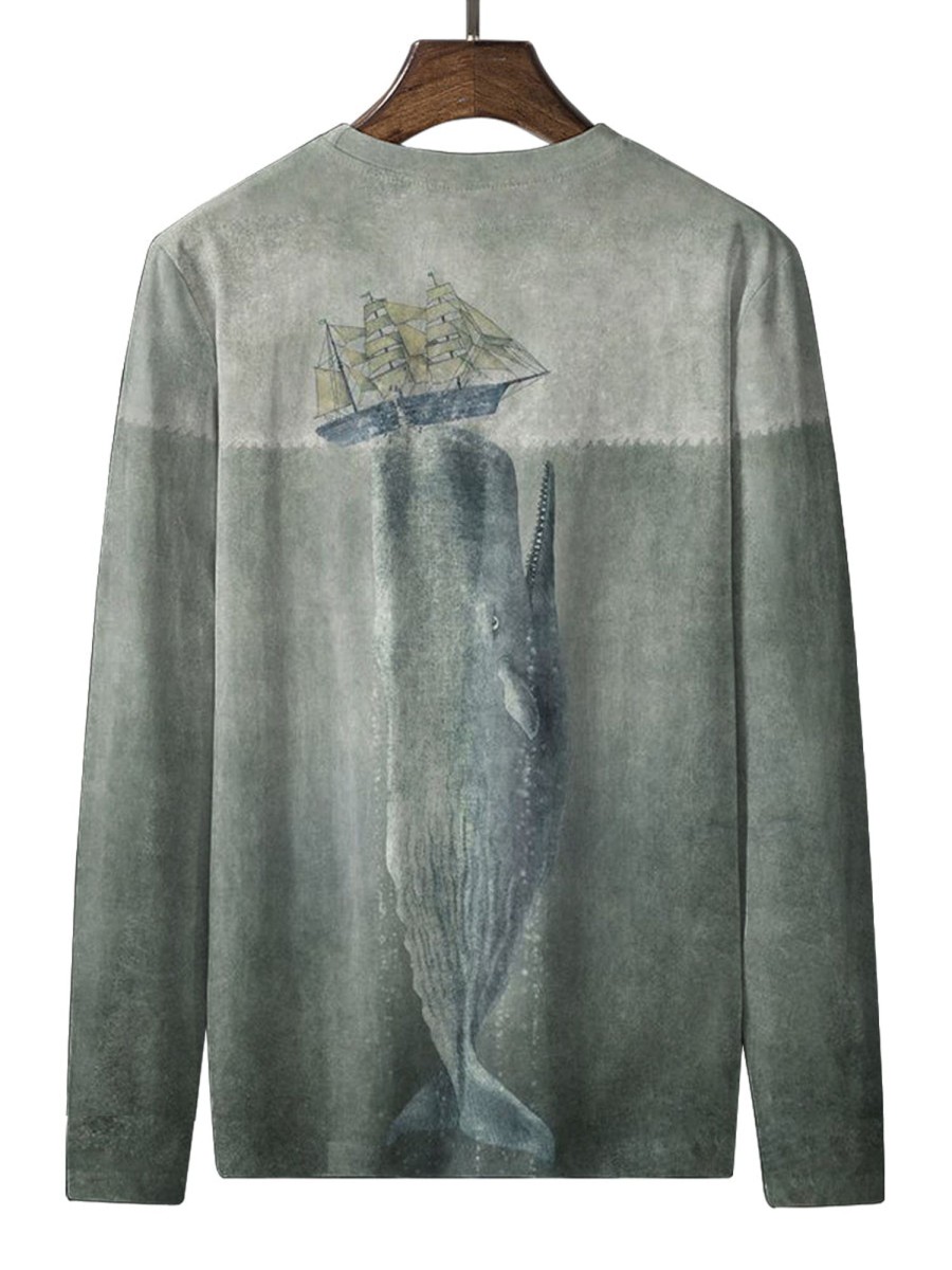 Men HLJ T-Shirts | Men'S Moby Dick Marine Casual Long Sleeve T-Shirt Gray Green