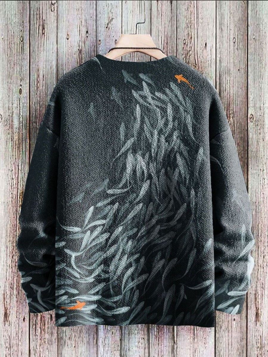 Men BXL Print Sweater | Fun Fish Koi Print Knitted Crew Neck Pullover Sweater Dark Blue