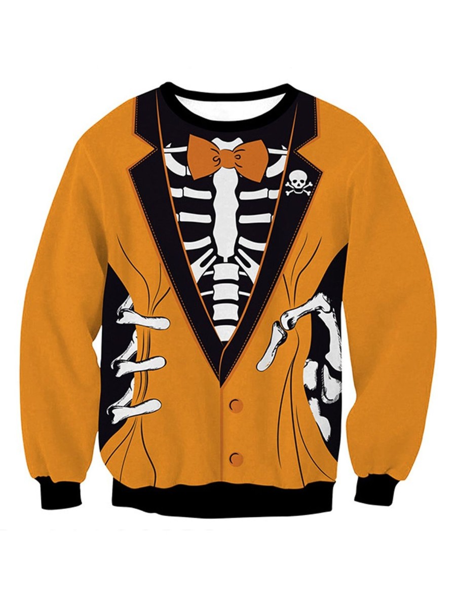 Men DJ Ugly Sweater | Retro Halloween Dress Up Printed Casual Crew Neck Sweatshirt Orange