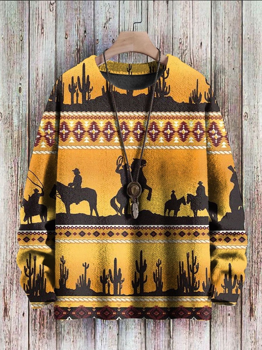 Men BXL Print Sweater | Men'S Retro Ethnic Western Denim Print Crew Neck Pullover Sweater 76867795Xl Orange