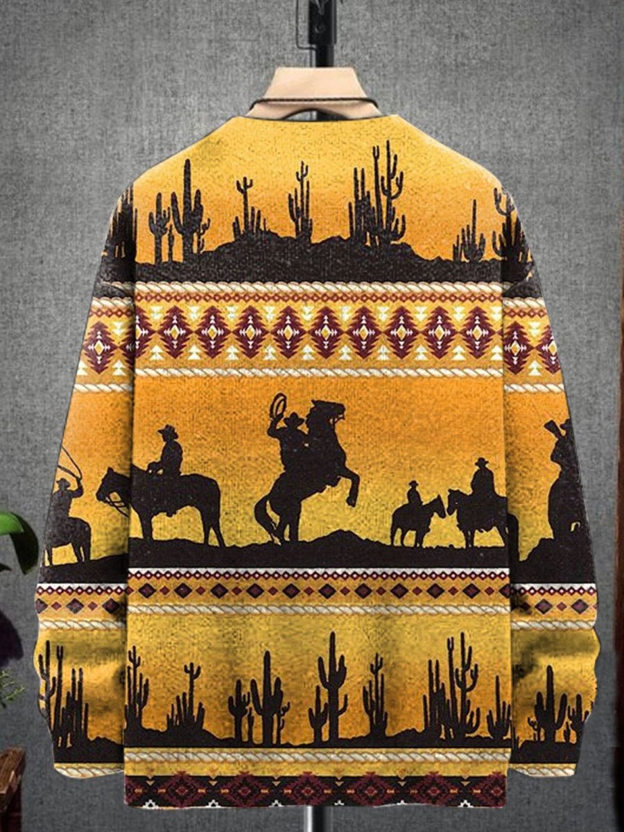 Men BXL Print Sweater | Men'S Retro Ethnic Western Denim Print Crew Neck Pullover Sweater 76867795Xl Orange