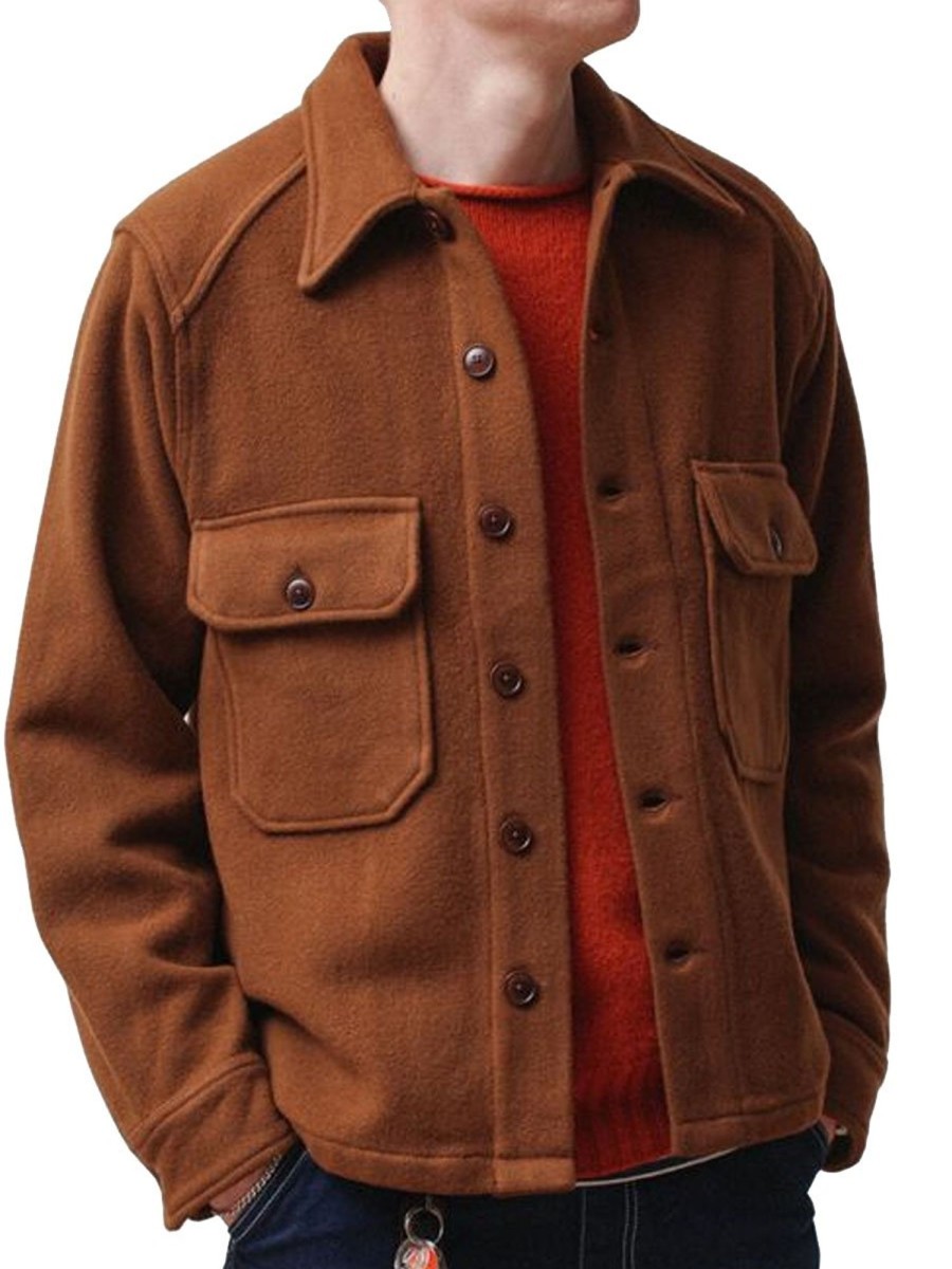 Men DJ Jacket | Solid Color Lapel Double Pocket Casual Woolen Jacket Brick Red