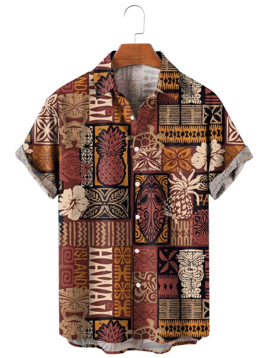 Men HLJ Shirts | Men'S Hawaiian Style Tribal Pattern Short Sleeve Shirt Maroon