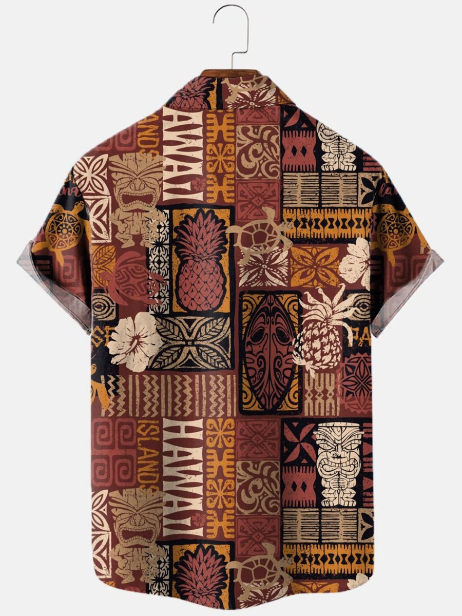 Men HLJ Shirts | Men'S Hawaiian Style Tribal Pattern Short Sleeve Shirt Maroon