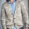 Men DJ Print Cardigan | Retro Tree Ring Print V-Neck Casual Knitted Cardigan Khaki