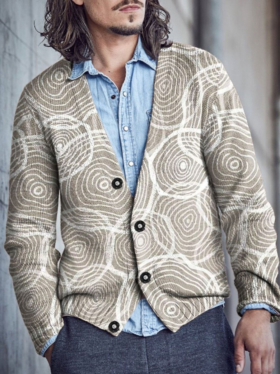 Men DJ Print Cardigan | Retro Tree Ring Print V-Neck Casual Knitted Cardigan Khaki