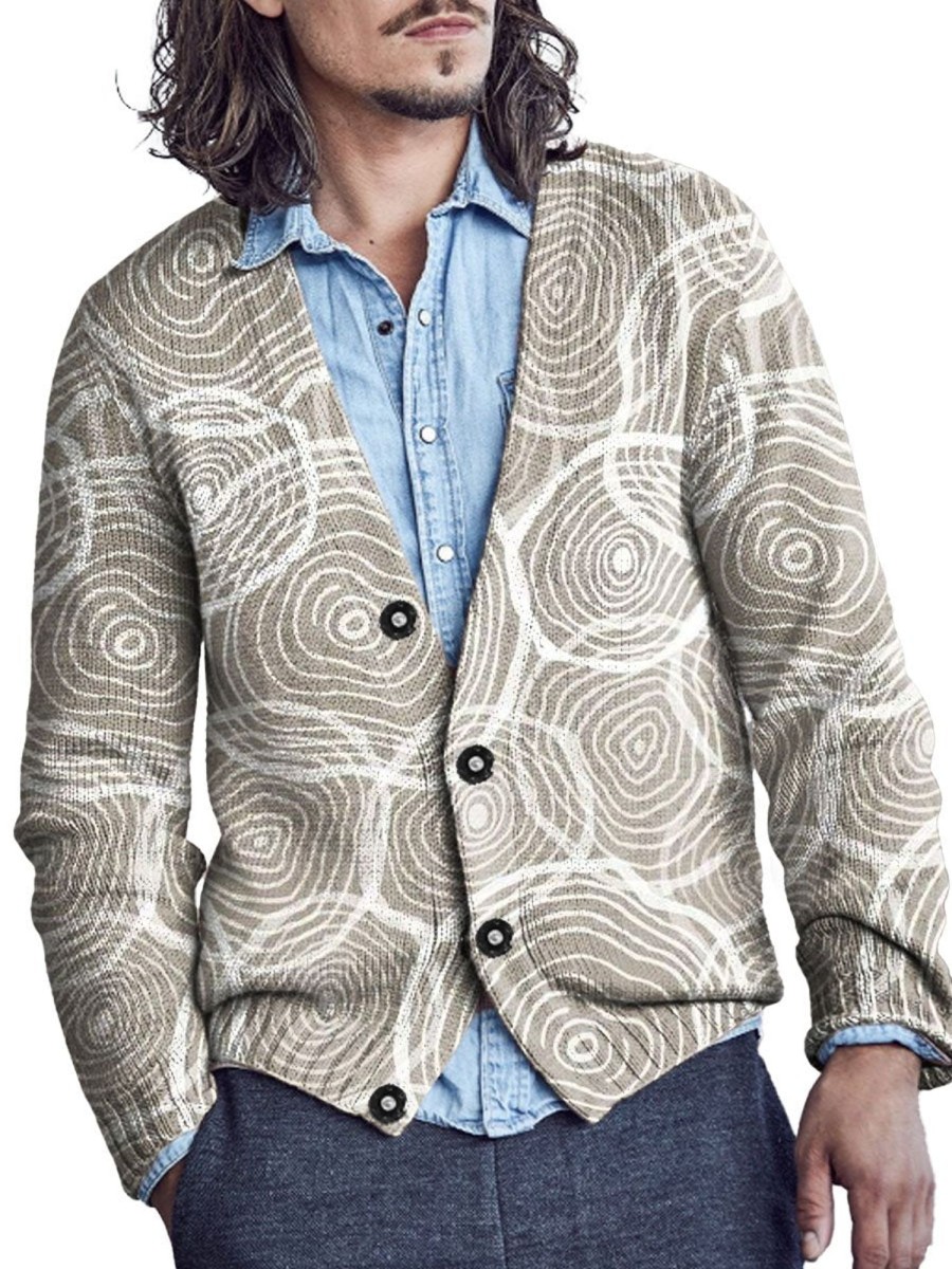 Men DJ Print Cardigan | Retro Tree Ring Print V-Neck Casual Knitted Cardigan Khaki