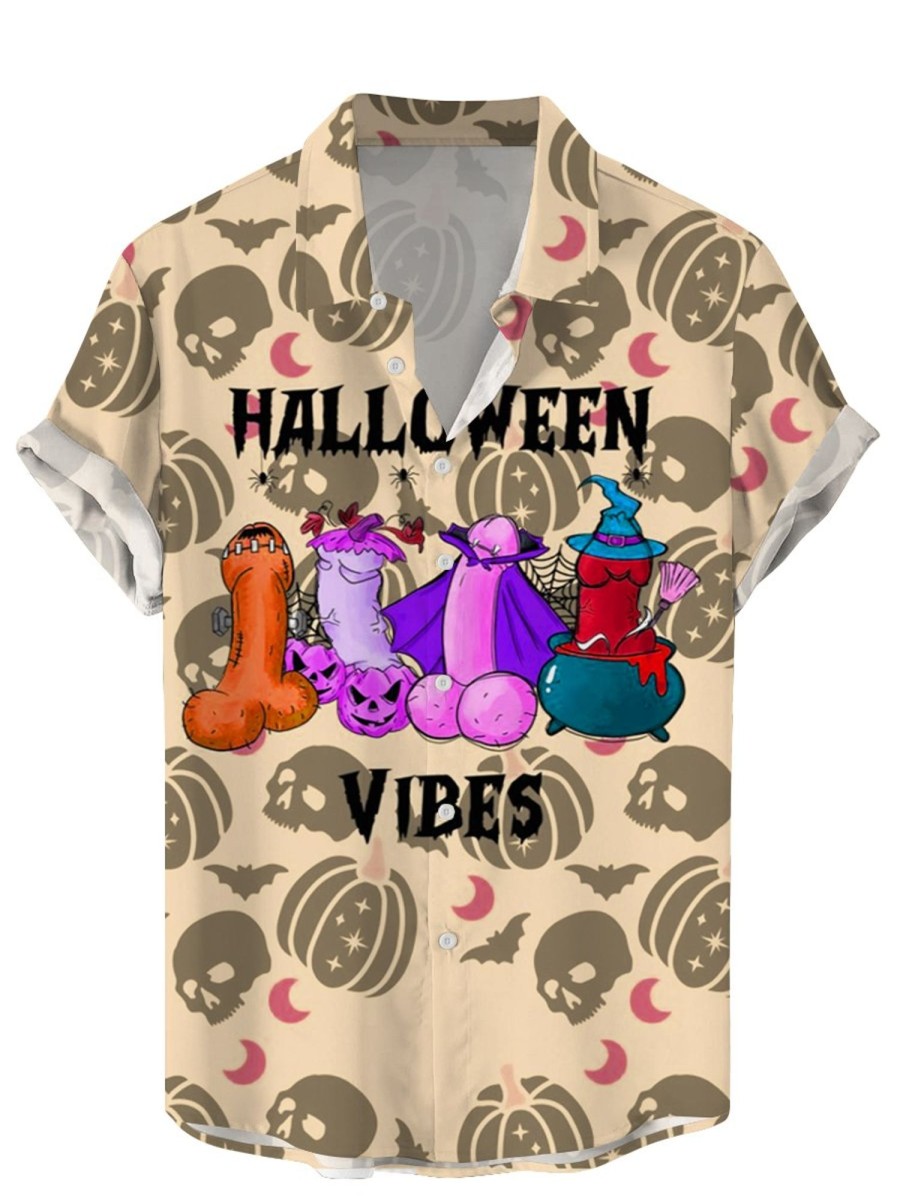 Men DJ Shirts | Happy Halloween Cocks Print Casual Short-Sleeved Shirt