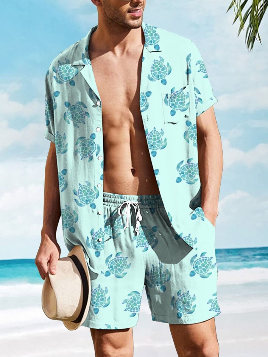 Men HLJ Set | Sea Turtle Breathable Comfort Hawaiian Set Light Blue