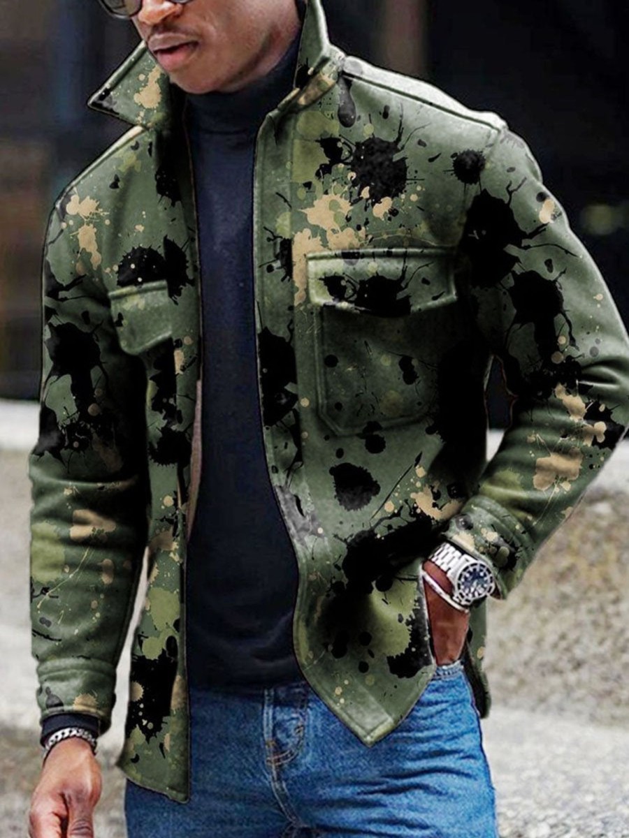 Men DJ Print Jacket | Vintage Graffiti Print Corduroy Double Pocket Lapel Jacket Army Green